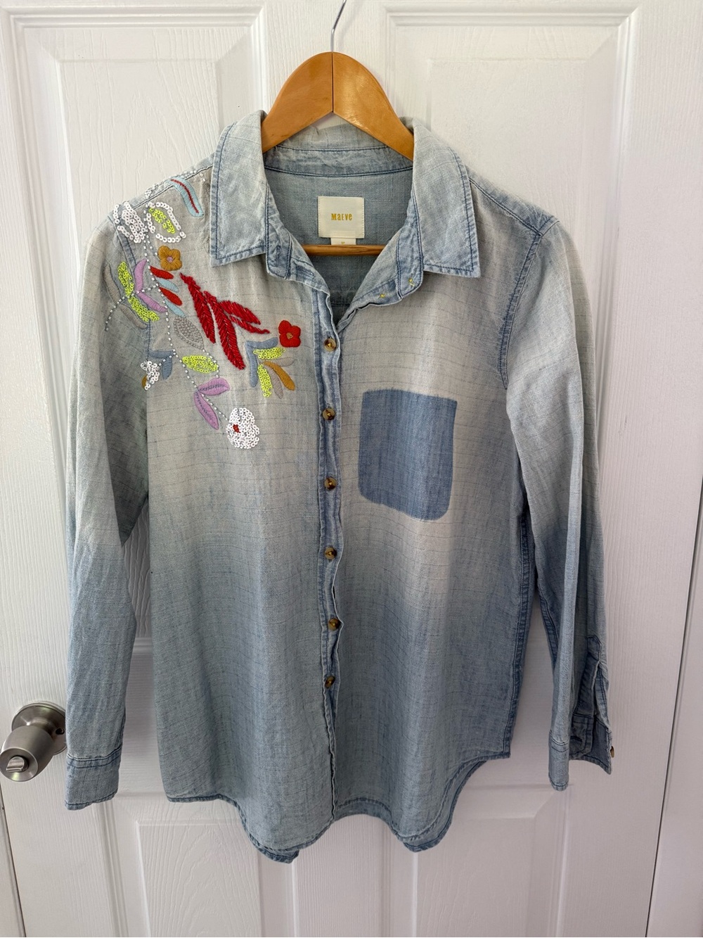 Maeve Anthropologie Boise Embroidered Chambray Buttondown Shirt Size Small Petit